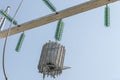 Part of high-voltage substation on blue sky background with switches and disconnectors. Ukrainian energy infrastructure