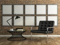 Part of interior with brick wall and black armchair 3D renderin