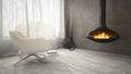 Part of interior with fireplace and white armchair 3D rendering Royalty Free Stock Photo