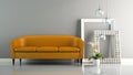 Part of interior with orange sofa and stylish frames 3D renderi