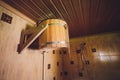 Part of the interior of the Russian bath and bath accessories. Bath accessories on the background of the log walls of