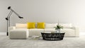 Part of interior with whitw sofa and grey wall 3d rendering