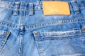Part of jeans trousers with pockets and buttons. Clothing label.