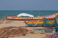 Colorful Indian fishing boats ashore Royalty Free Stock Photo