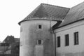 Part of medieval Cerveny Kamen Red Stone Castle near Casta village, Slovakia. Black and white filter Royalty Free Stock Photo