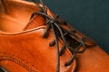 Part of men`s shoes close-up. Focus on the black laces. Men`s shoes made of genuine leather. Brown shoes. Royalty Free Stock Photo