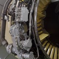 Part of a modern aircraft engine closeup. Royalty Free Stock Photo