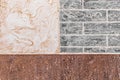 Part of modern building facade with white stucco and brown tiles texture and brick wall with abstract patterned background Royalty Free Stock Photo