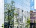 Part of modern corporate buildings from glass with reflections of green trees. Green building concept Royalty Free Stock Photo