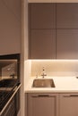 A part of modern kitchen interior with sink, oven and grey cupboard