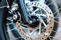 Motorcycle braking system, brake disc on motorbike Royalty Free Stock Photo