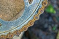 Part of the old bicycle chain in the rust on the iron gray part Royalty Free Stock Photo