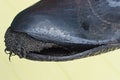 part of an old black rubber boot with a torn hole and cracks Royalty Free Stock Photo