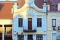 Retro balcony on the old blue wall with windows and door patterns Royalty Free Stock Photo