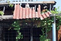 part of an old burnt abandoned house with a roof made of pieces of red broken slate