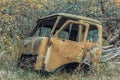 Old car cabin in Chernobyl close up