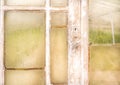 Part of an old peeling wood door to a greenhouse with misted glasses and a vintage metal handle in the shape of a sea shell Royalty Free Stock Photo