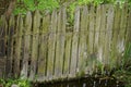 Part of an old rural wooden green gray fence with broken boards Royalty Free Stock Photo