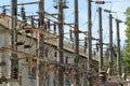 Part of old rusty high-voltage power plant with switches