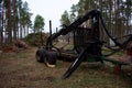 Part of old tractor in the forest to transport timber in the forest among the pine trees. The concept of cutting down trees Royalty Free Stock Photo