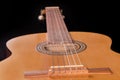 Fragment of soundboard of wooden acoustic guitar in selective focus