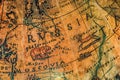 Part of old wooden ancient globe with eurasian countries. Royalty Free Stock Photo