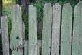 Part of an old wooden fence wall made of broken gray green planks Royalty Free Stock Photo