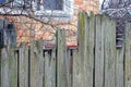 Part of an old wooden gray green fence with broken boards Royalty Free Stock Photo