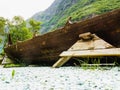 Part of old wooden viking boat in norwegian nature Royalty Free Stock Photo