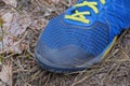 part of a one blue sneaker made of fabric and rubber with a green lace Royalty Free Stock Photo