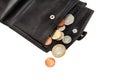 Part of open black wallet with coins Royalty Free Stock Photo