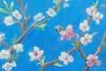 Part of painting pastel on paper `Blooming branches against the blue sky. Spring`.