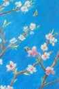 Part of painting pastel on paper `Blooming branches against the blue sky. Spring`.