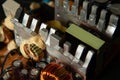 Part of pc power supply with radiator and electronic board with integrated stabilizers and filter capacitor with coils. Royalty Free Stock Photo