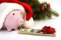 Part of piggy bank with Santa Claus hat and stack of money american hundred dollar bills with red bow and christmas tree standing