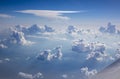 Part of plane wing on a background of blue cloudy sky. Royalty Free Stock Photo