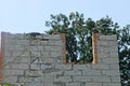 Part of an unfinished house with a brick gray wall and a window against the sky Royalty Free Stock Photo