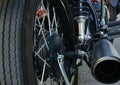 A part rear picture of motor cycle tyre, velg, shock breaker and exhaust
