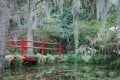Part of the red bridge over a pond at the Magnolia Plantation in Charleston, South Carolina.