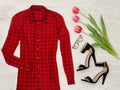 Part of a red checkered blouse, tulips, glasses, lipstick. Fashion concept, close up Royalty Free Stock Photo