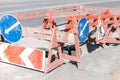 Part of the road occupied for work and signposted with road works signs. Royalty Free Stock Photo