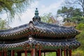 Part of the roof of an ancient Korean palace building. Gyeonghuigung palace, South Korea
