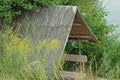 Part of the roof of the gazebo made of dry gray reed