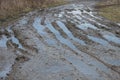 Part of a rural road made of gray dirt and potholes with puddles