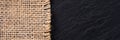 Part of sackcloth with black background. Woven burlap panorama