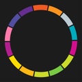 14 part, section segmented circle. Abstract dashed lines circular geometric element