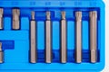 part of A set of single-sided chrome steel bits in a blue plastic box Royalty Free Stock Photo
