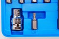 part of A set of single-sided chrome steel bits in a blue plastic box Royalty Free Stock Photo