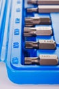 part of A set of single-sided chrome steel bits in a blue plastic box Royalty Free Stock Photo