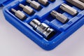 part of A set of single-sided chrome steel bits in a blue plastic box Royalty Free Stock Photo